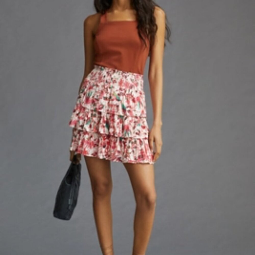 Anthropologie Floral Tiered Ruffle Mini Skirt - Size L NWT